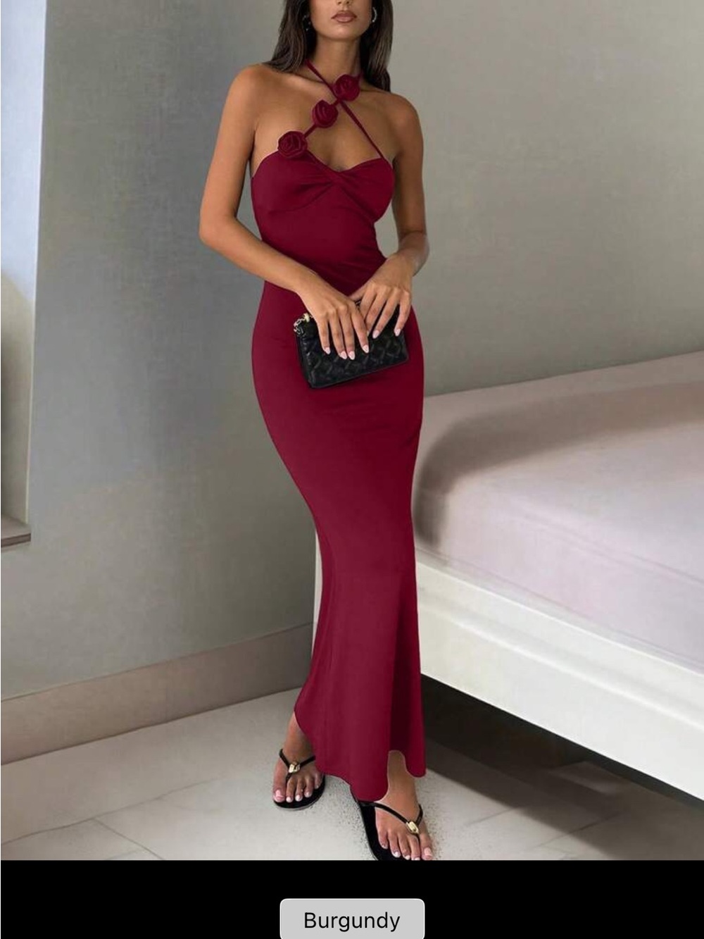 Burgundy Halter Maxi Dress with Rosette Details